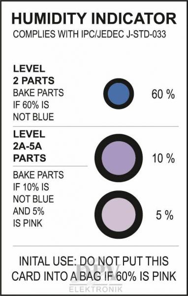 Das Bild zeigt einen Feuchtigkeitsindikator mit drei runden Symbolen in verschiedenen Farben (blau, lila, schwarz) und Prozentangaben. Hinweise zur Handhabung und Bäketemperaturen sind darunter.