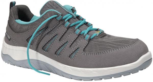 Der Schuh ist grau mit türkisfarbenen Akzenten. Er hat eine sportliche, atmungsaktive Oberseite und eine flexible Sohle. Die Schnürsenkel sind türkis und gut sichtbar.