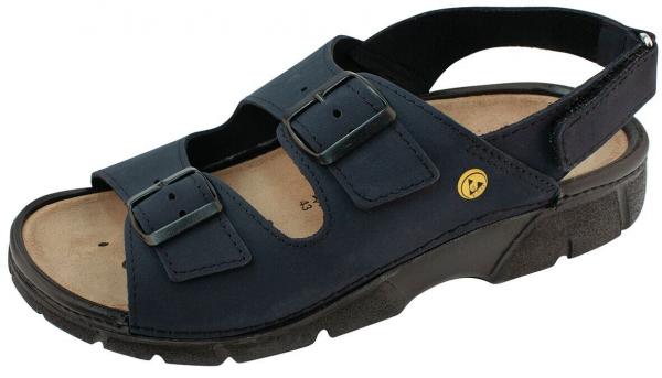 The image shows a sandal-like shoe variant in dark blue. It has two adjustable straps with buckles and a padded footbed. The sole is sturdy and slightly elevated.