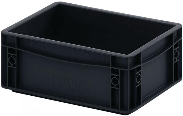 The image shows a rectangular black plastic box. It has a smooth surface, high walls, and no lid. There are recessed areas at the corners for a better grip.