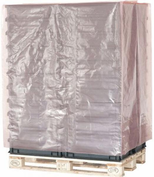 The image shows a wooden pallet covered with a transparent plastic wrap. The contents are not visible, as the film is tightly wrapped around the pallet.