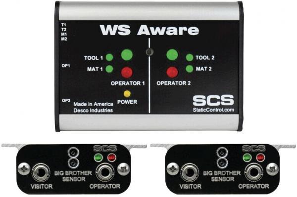 The image displays an electronic device labeled "WS Aware". It features five buttons or lights in red and green. There are two smaller sensors connected to the main device.