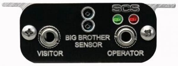 The image shows a rectangular, black device with two round connectors, labeled "VISITOR" and "OPERATOR". Above it are two LED lights (green and red) as well as the inscription "BIG BROTHER SENSOR".