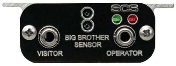 The image shows a black control unit labeled "BIG BROTHER SENSOR". It has two round connectors for "VISITOR" and "OPERATOR" as well as three lights: one green and one red.