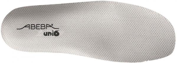 The image shows a gray shoe sole with a textured surface. In the center, the brand name "ABEBA" and "uni6" are displayed in black lettering. The sole appears to be lightweight and flexible.