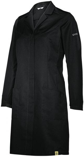 The image shows a black lab coat. It has a classic collar, long sleeves, and a straight fit. There are two large pockets on the front. The coat appears functional and professional.