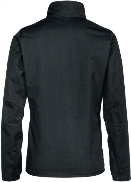 The image shows the back view of a black jacket with a stand-up collar and long sleeves. The fabric appears sturdy and durable, with no noticeable patterns or details.