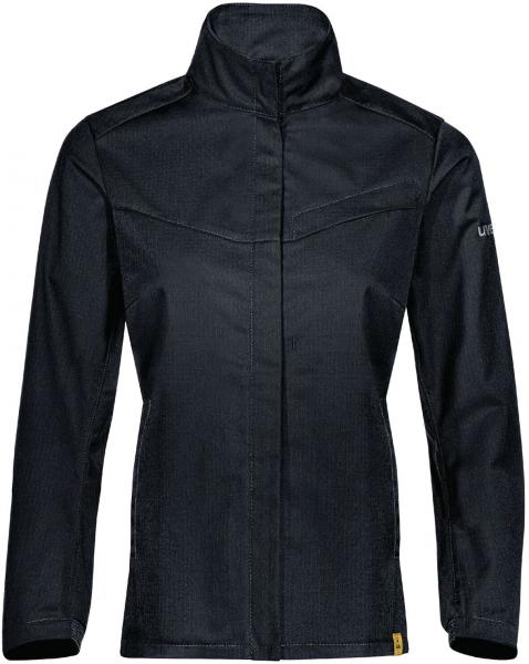 The thin, black jacket features a high collar and has a slim fit. There is a slightly textured surface with a simple, sporty design and no visible hood.