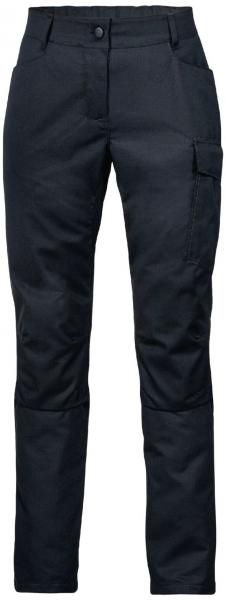 Das Bild zeigt eine schwarze Hose mit geradem Schnitt. Sie hat einen Reißverschluss und eine Knopfleiste. An der Seite befindet sich eine große Tasche. Die Hose ist aus strapazierfähigem Material.