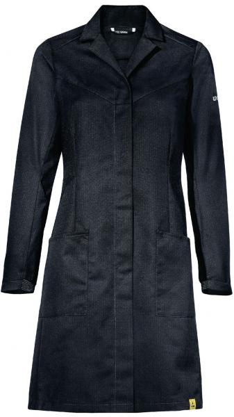 The image shows a long, black lab coat with a collar and long sleeves. It has two side pockets and a yellow logo at the bottom hem. The design is simple and functional.