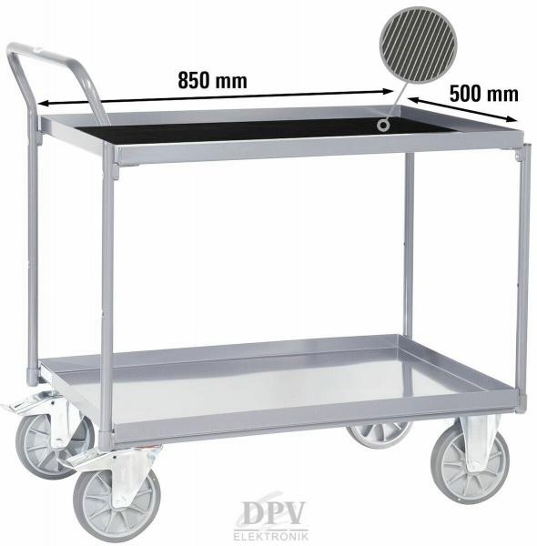 The image shows a sturdy serving cart with two shelves. The cart has a silver metal frame and is equipped with large, mobile wheels.