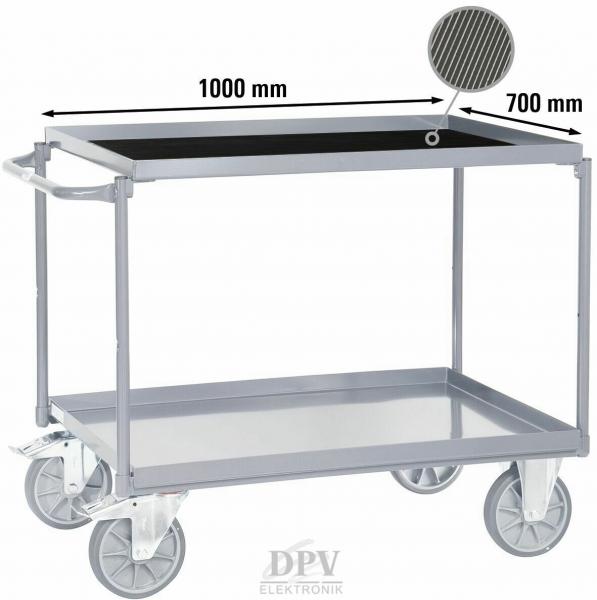 This is a portable cart with two levels. It has a gray metal structure, a top surface of 1000 mm, and a bottom surface of 700 mm. It stands on four casters.