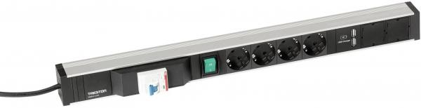 The image shows a black power strip with multiple outlets. On the side, there is a green switch. The strip is long and has a robust design.