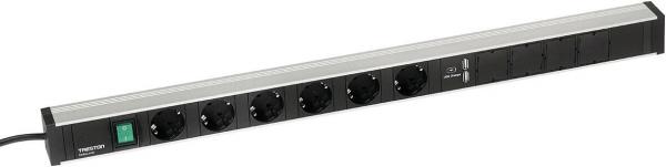 The image shows a black power strip with five Schuko sockets, a green power indicator, and a flat, narrow aluminum housing. It is intended for power distribution purposes.