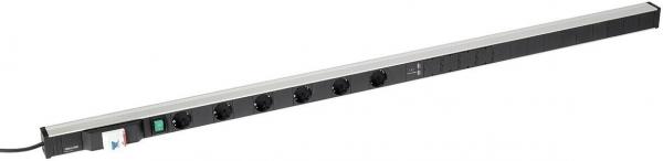 The image shows a long, narrow power strip made of black plastic with a silver frame. It has multiple sockets and a green switch on one side.