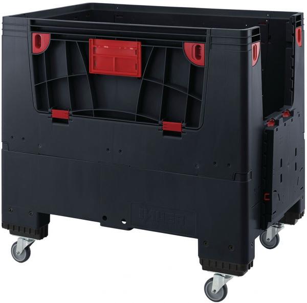 Das Bild zeigt eine schwarze Kunststoffbox auf Rollen. Sie hat rote Details und eine Öffnung für Etiketten. Die Box ist stabil und eignet sich zum Transport oder zur Aufbewahrung.