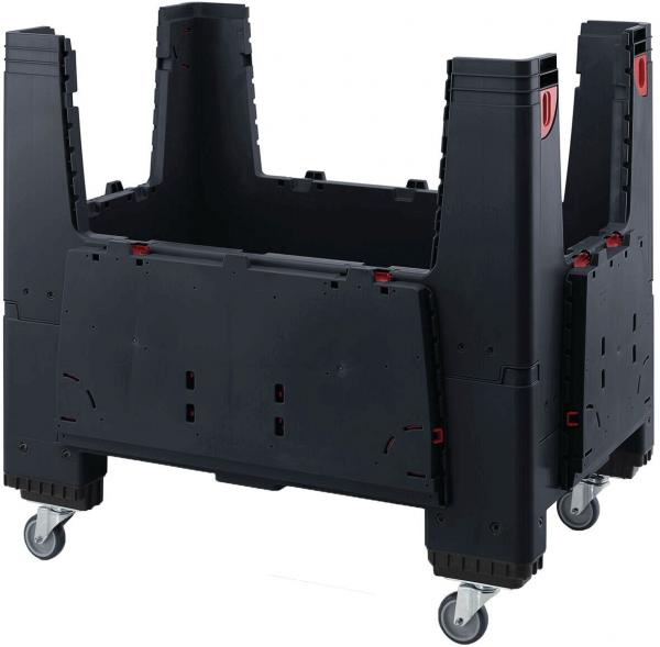 Ein schwarzer, vierrädriger Container aus Kunststoff mit hohen, stabilen Seitenwänden und rotem Griff. Er ist offen und lässt sich leicht bewegen. Ideal für Transport und Aufbewahrung.
