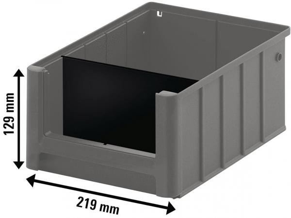 The image shows a gray, rectangular plastic box. It measures 219 mm in width and 129 mm in height. The walls are tall, with an open front.