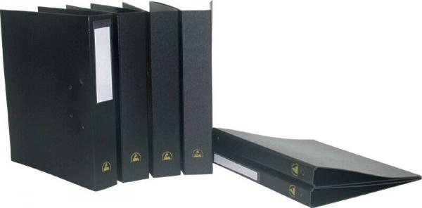 The image shows five black folders standing next to each other. The folders are made of cardboard and have a yellow emblem. Two additional folders are lying flat on the table.