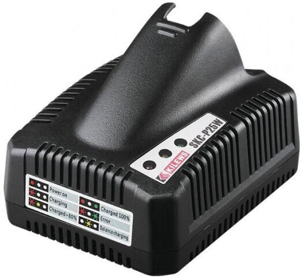 The image shows a black charger with a slanted top. It has ventilation slots and several status indicators on the front that display the charging status.