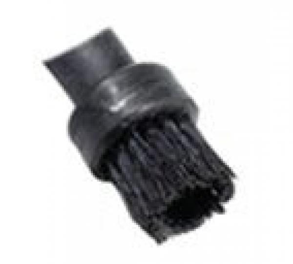Das Bild zeigt eine schwarze Bürste mit einem kurzen, dicken Griff. Die Borsten sind weich und dicht angeordnet, um eine gründliche Reinigung zu ermöglichen. Sie wirkt robust und handlich.