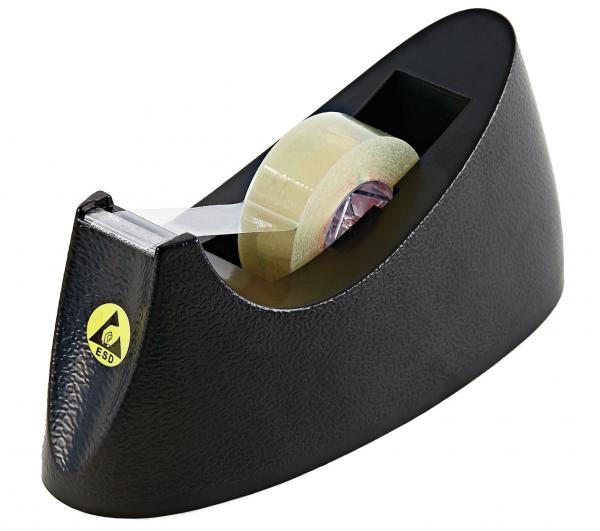 The image shows a black tape dispenser holding a roll of transparent adhesive tape. The dispenser has a slightly rounded shape and a beveled edge for easy tearing.