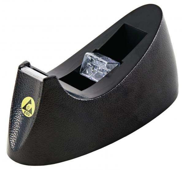 The image shows a black, oval tape dispenser. In the center, a transparent roll is visible, and there is a yellow label with a number on the front. The dispenser has a textured surface.