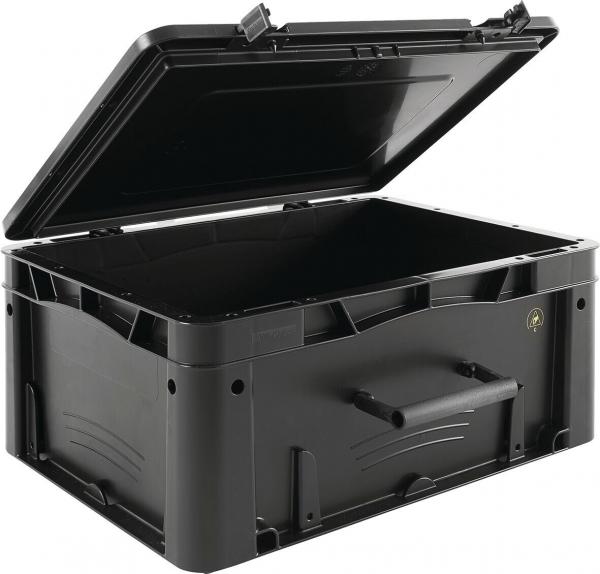 The image shows a black, rectangular plastic box with a removable lid. It has side handles and a sturdy construction, suitable for storing items.