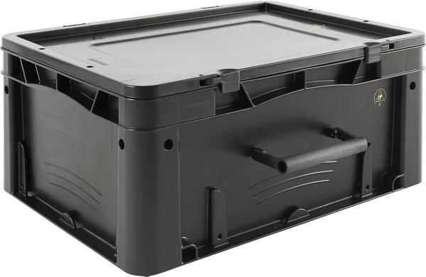 The box is rectangular and made of durable, black plastic. It has a flat lid and side grips for easy carrying. Ideal for storage.