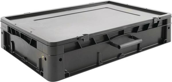 Das Bild zeigt eine rechteckige, schwarze Kunststoffbox mit einer flachen Oberseite. An der Seite befindet sich ein Griff. Die Box hat eine robuste, stabile Bauweise und ist leicht erhaben.