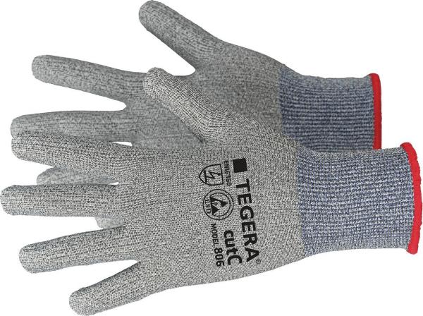The image shows a pair of gray work gloves made from stretchable material. The gloves have a red edge at the wrist and a logo on the back of the hand.