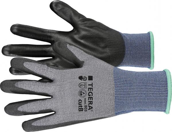 The image shows a pair of work gloves. The palms are black, the back is gray with blue and green accents. The gloves feature safety and care symbols.