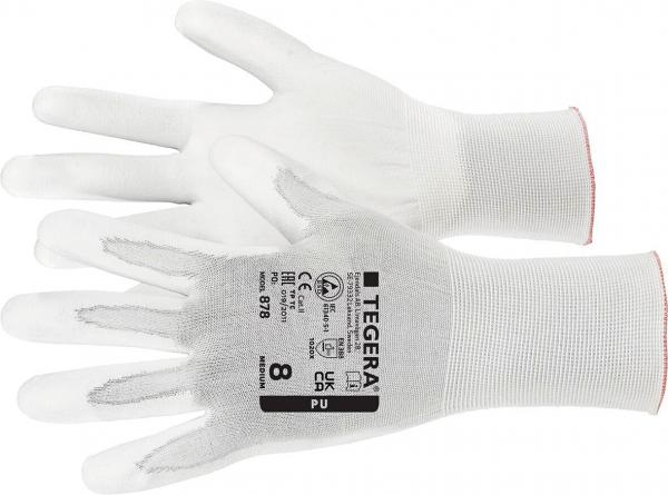 The image shows a pair of white work gloves with a fine texture. On the inside, there is a label featuring the brand "TEGERA" along with additional information.