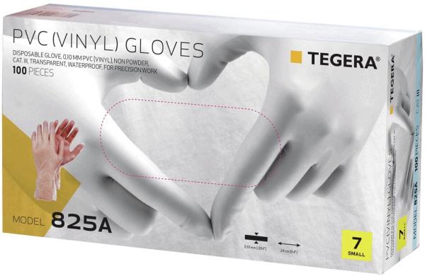 The packaging displays a box with transparent PVC gloves. Two hands form a heart on the front, while the product information is printed above and below.