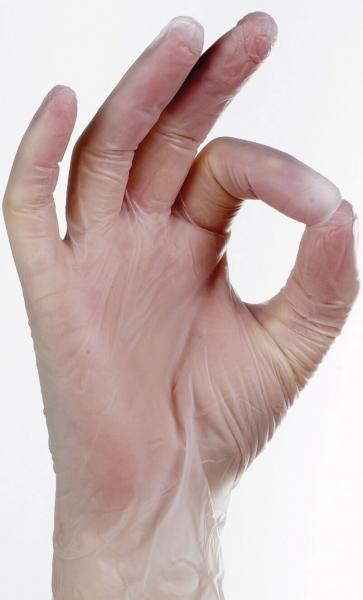 A hand wearing a transparent, soft rubber glove. The thumb and index finger form an "O", while the other fingers are slightly curved.