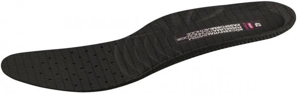 The image displays a black insole with a slightly curved shape. The surface is textured with small bumps and holes for ventilation. A brand name is printed on it.