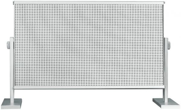 The image displays a rectangular, perforated metal element in white, supported by two sturdy legs. It features a uniform hole pattern that creates a translucent appearance.
