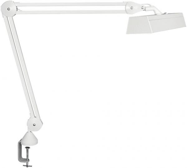 Das Bild zeigt eine weiße Schreibtischlampe mit einem langen, flexiblen Arm. Die Lampe hat einen quadratischen Lampenschirm und wird am Tisch mit einer Klemme befestigt.