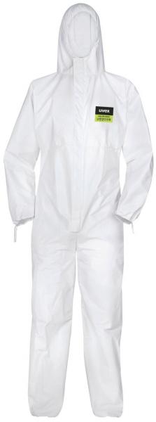 The image shows a white protective suit with a hood. It has long sleeves and legs and is designed for use in hazardous environments. A green label is visible.