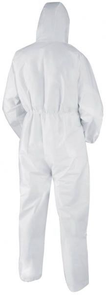 The image shows a white protective suit with a hood. It is tightly fitted and has an elastic band at the waist and sleeves. The suit is designed to cover the entire body.