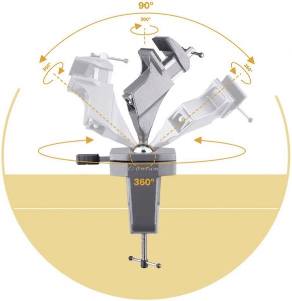 The image shows a flexible mounting system with multiple movable parts that can rotate around a central axis. It allows for 90° and 360° rotations and stability through a screw mechanism.