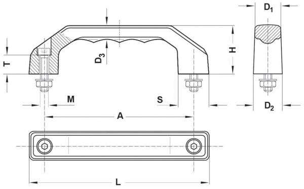 The image shows a technical drawing of a handle. It has a curved shape, with bolts for attachment. Dimensions such as height, width, and diameter are indicated.