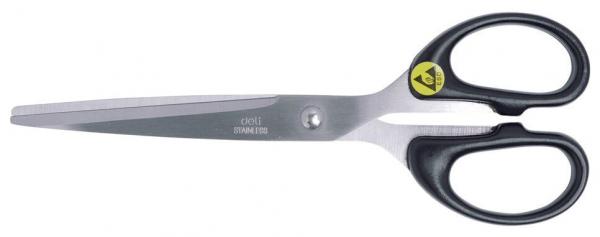 The image shows a large pair of scissors with long, straight metal blades and a black plastic handle. The handle has two round openings for the fingers.