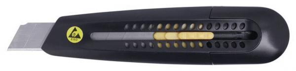 The image shows a black utility knife with a metal blade. The handle features yellow and gray elements and a mechanism to extend the blade. It is ergonomically designed.