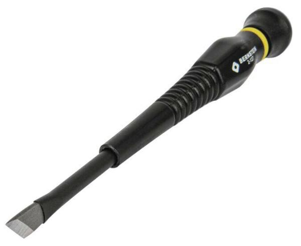 The image shows a screwdriver with a long, slender, black handle and a flat, wide blade at the tip. The handle has a yellow marking.