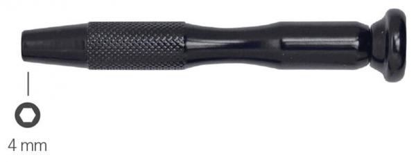 The image shows a black, elongated screwdriver with a round, flat head and a textured grip section in the middle. There is a cap at the top end.