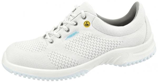 Der Schuh ist ein sportlicher, weißer Sneaker aus atmungsaktivem Material mit rutschfester Sohle. Er hat Schnürsenkel und eine gepolsterte Innensohle für Komfort.