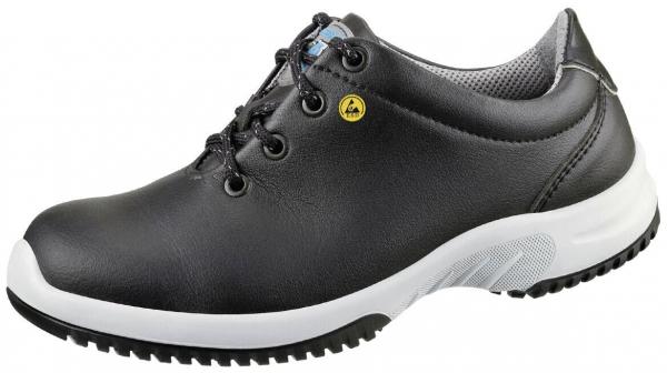 The shoe is black, made of leather with a white rubber sole. It features practical lacing and a simple, sporty style, ideal for everyday wear and work.