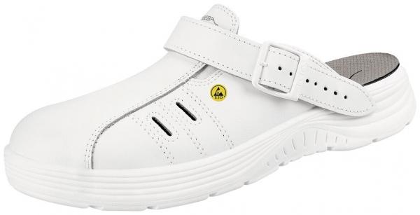 The image shows a white clog shoe. It has an open back, a wider toe area, multiple ventilation holes, and an adjustable strap on the top.