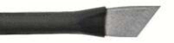 The image shows the tip of a sharp tool, similar to a scalpel. The handle is black and the blade has a narrow, triangular shape.